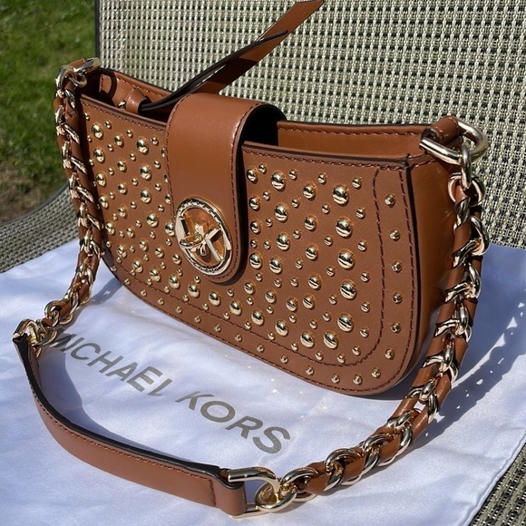 Michael Kors Carmen leather studded shoulder bag pouchette chain strap luggage - Picture 10 of 10